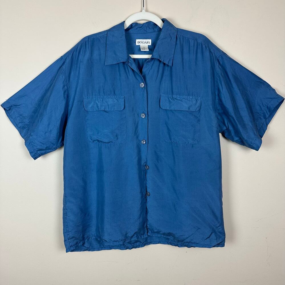 Bogari Womens 100% Silk Button Front Blouse Size Large Resort Coastal Nautical